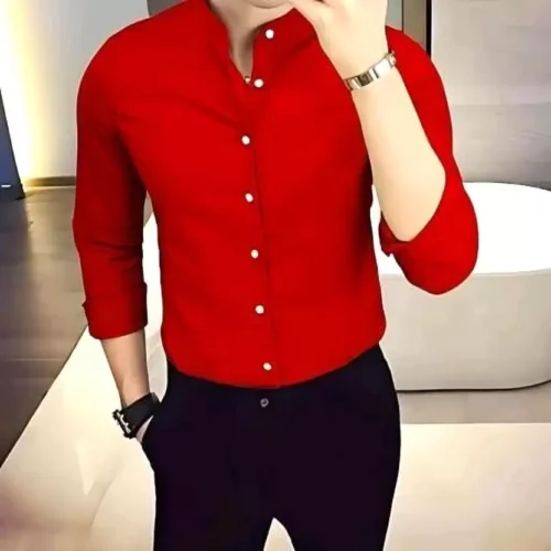 Men Regular Fit Solid Collarless Collar Casual Shirt